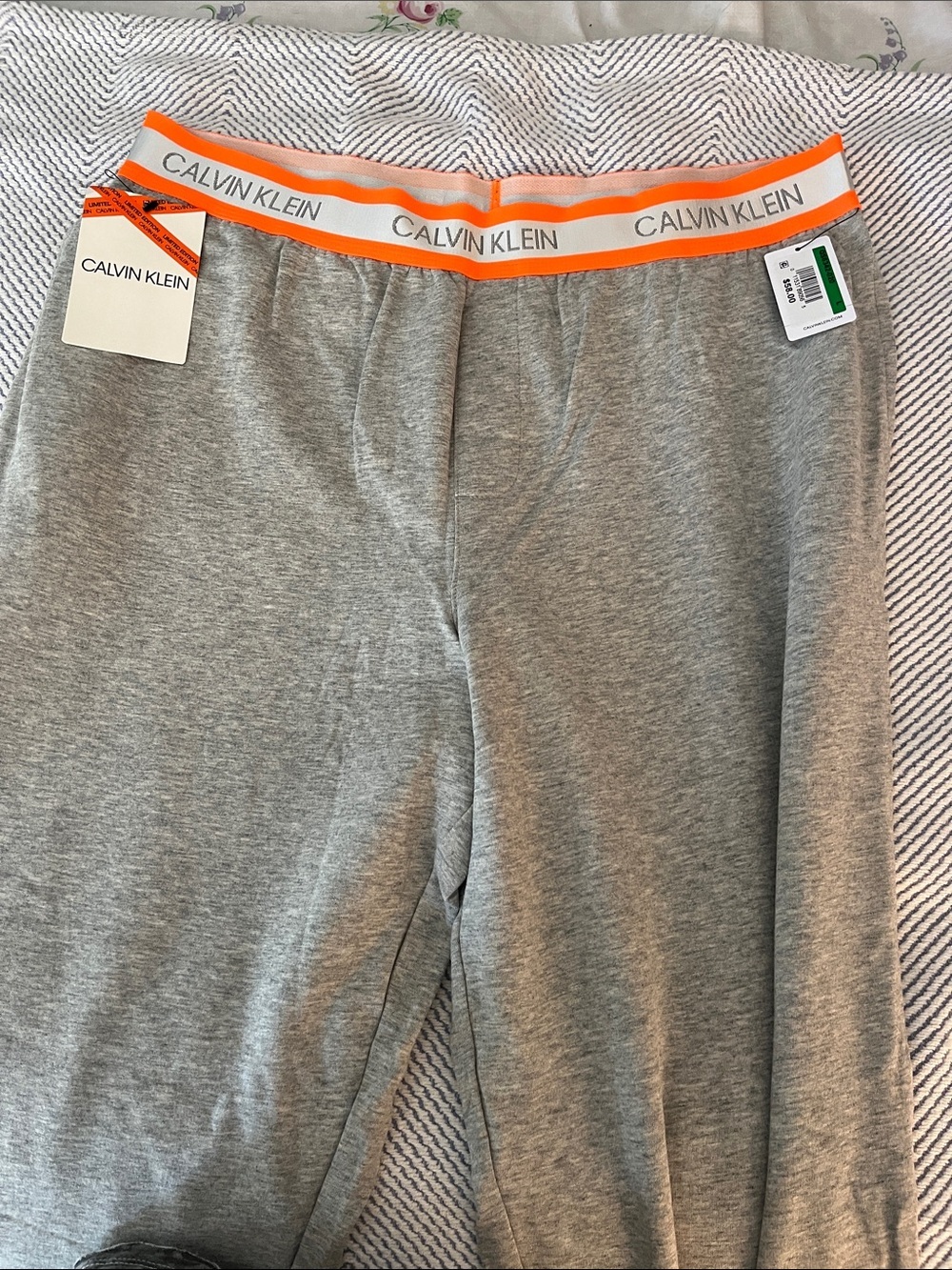 NWT Calvin Klein Gray Jogger Pants with Orange Logo Band Cotton Size L
